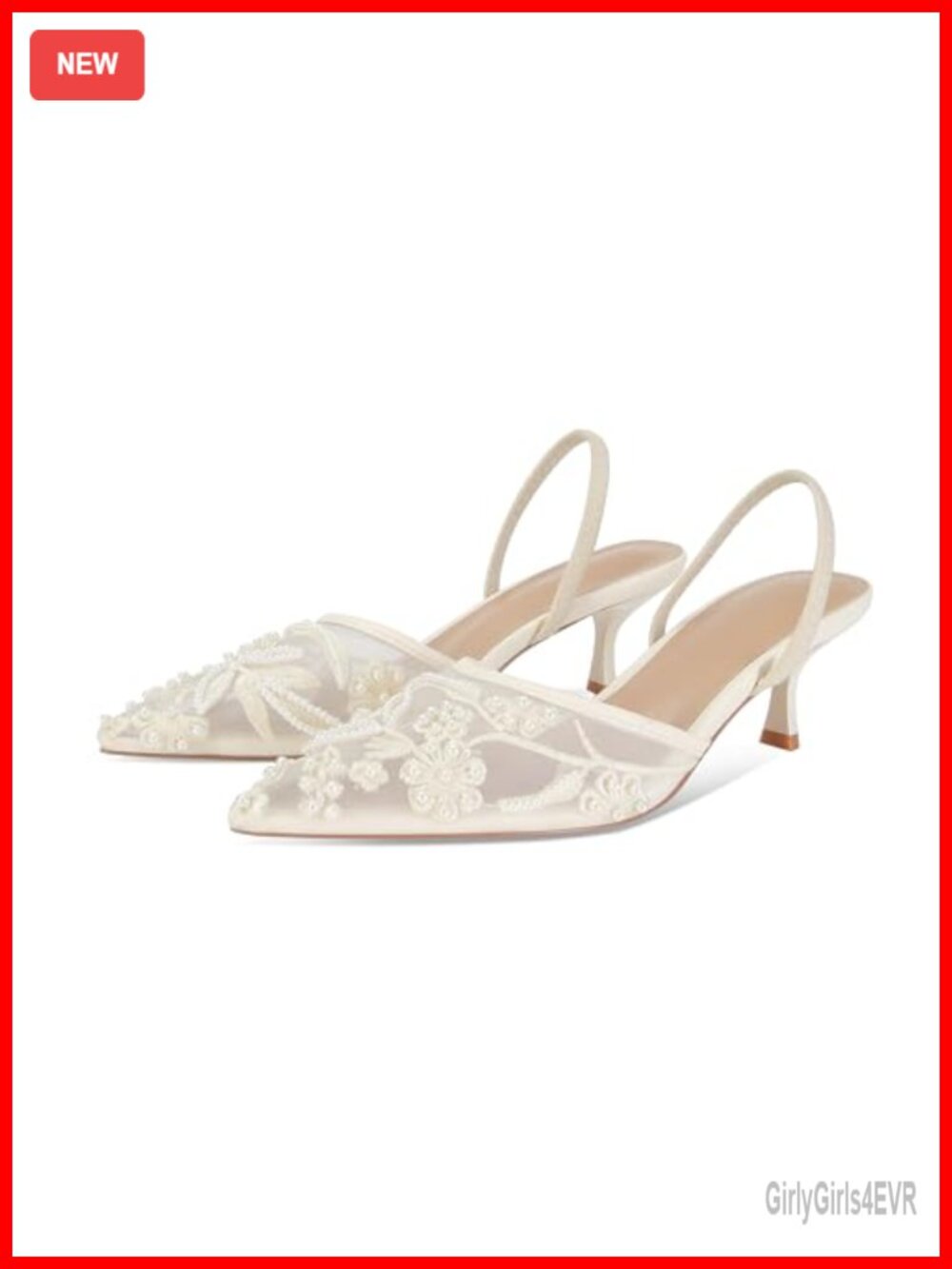 Embroidered Mesh Slingback Kitten Heels Pointed Toe Pearl Bridal Wedding Sandals